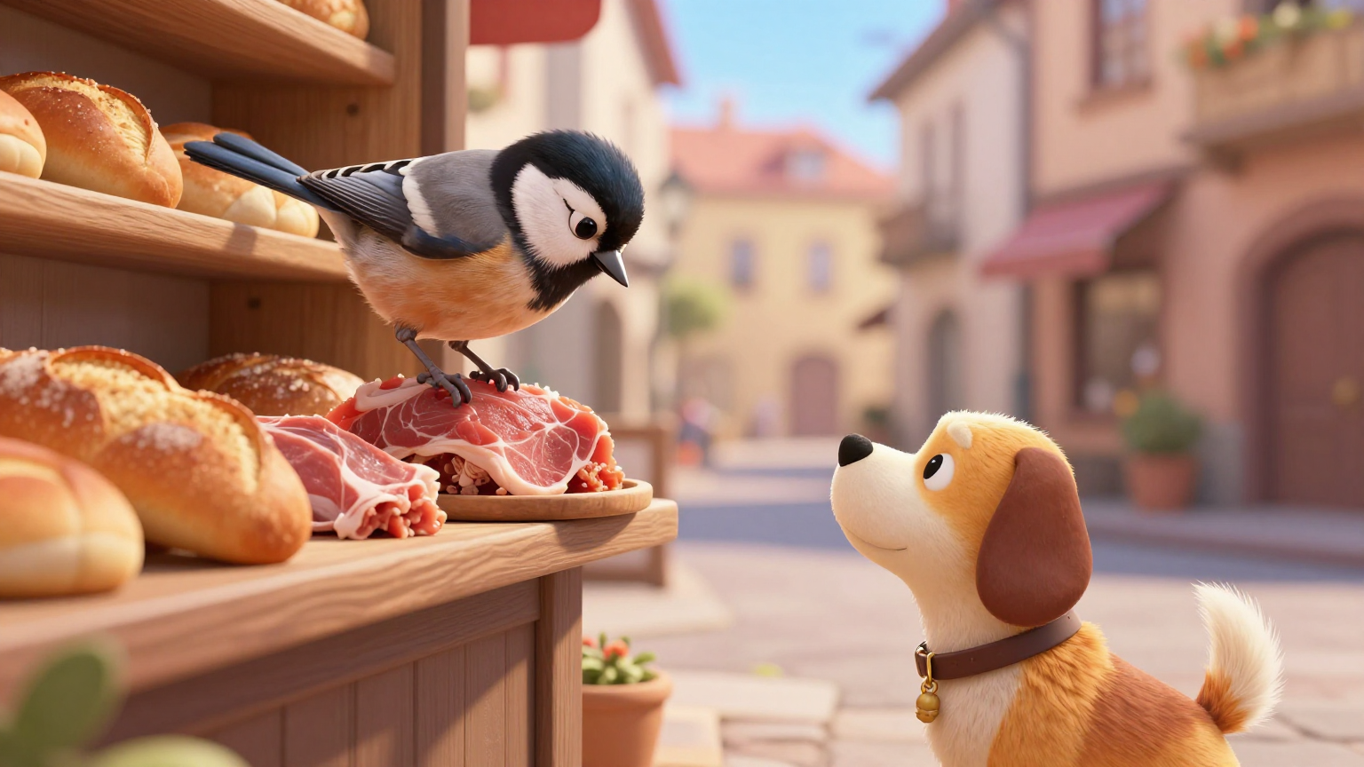 麻雀与狗 - 麻雀继续帮助狗，从面包店啄下面包 - 场景插画 2