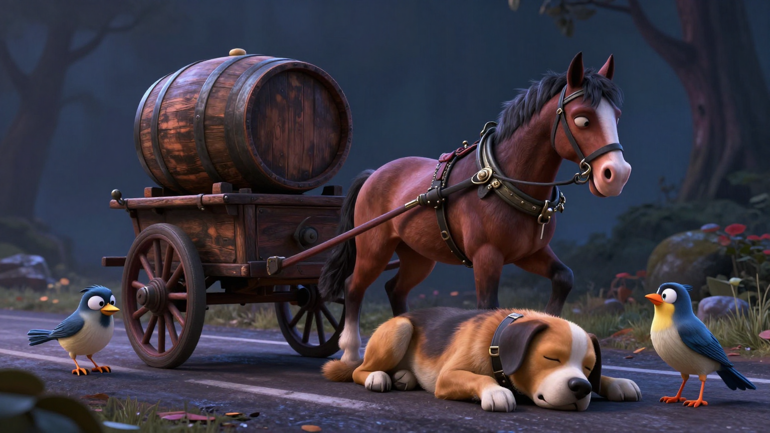 麻雀与狗 - 残酷的车夫碾死狗，麻雀发誓复仇 - 场景插画 3