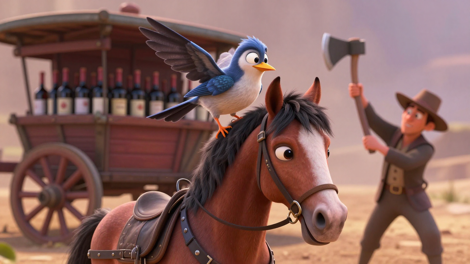 麻雀与狗 - 麻雀用计谋杀死车夫的三匹马 - 场景插画 4