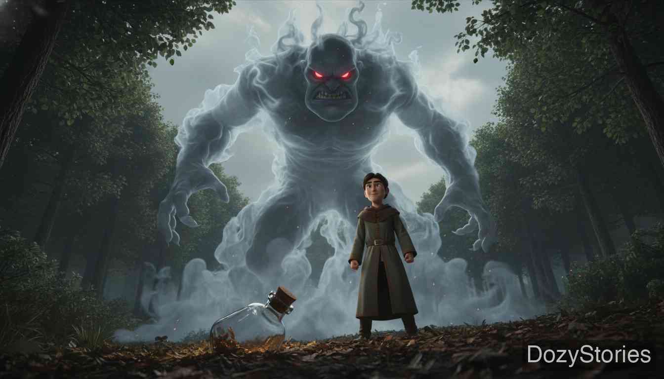 玻璃瓶中的妖怪 - 瓶塞一拔，一个巨大的妖怪显现出来，威胁要扭断学生的脖子作为“报答”。机智的学生通过激将法诱骗妖怪重新变小钻回瓶子，并再次将它封印。 - 场景插画 2