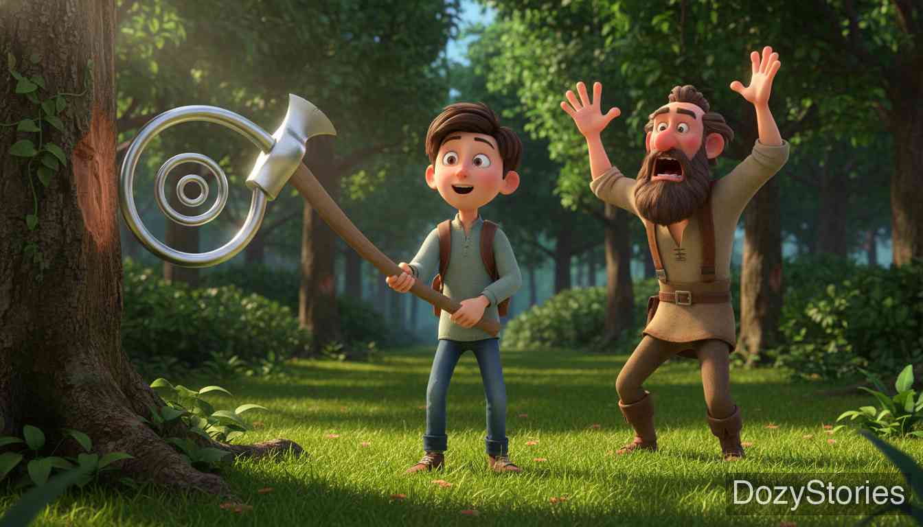 The Spirit in the Glass Bottle - The student uses the rag to turn his father's borrowed ax into silver, causing the edge to bend. The angry father worries about the cost, but the son promises to pay for it. - Scene Illustration 4