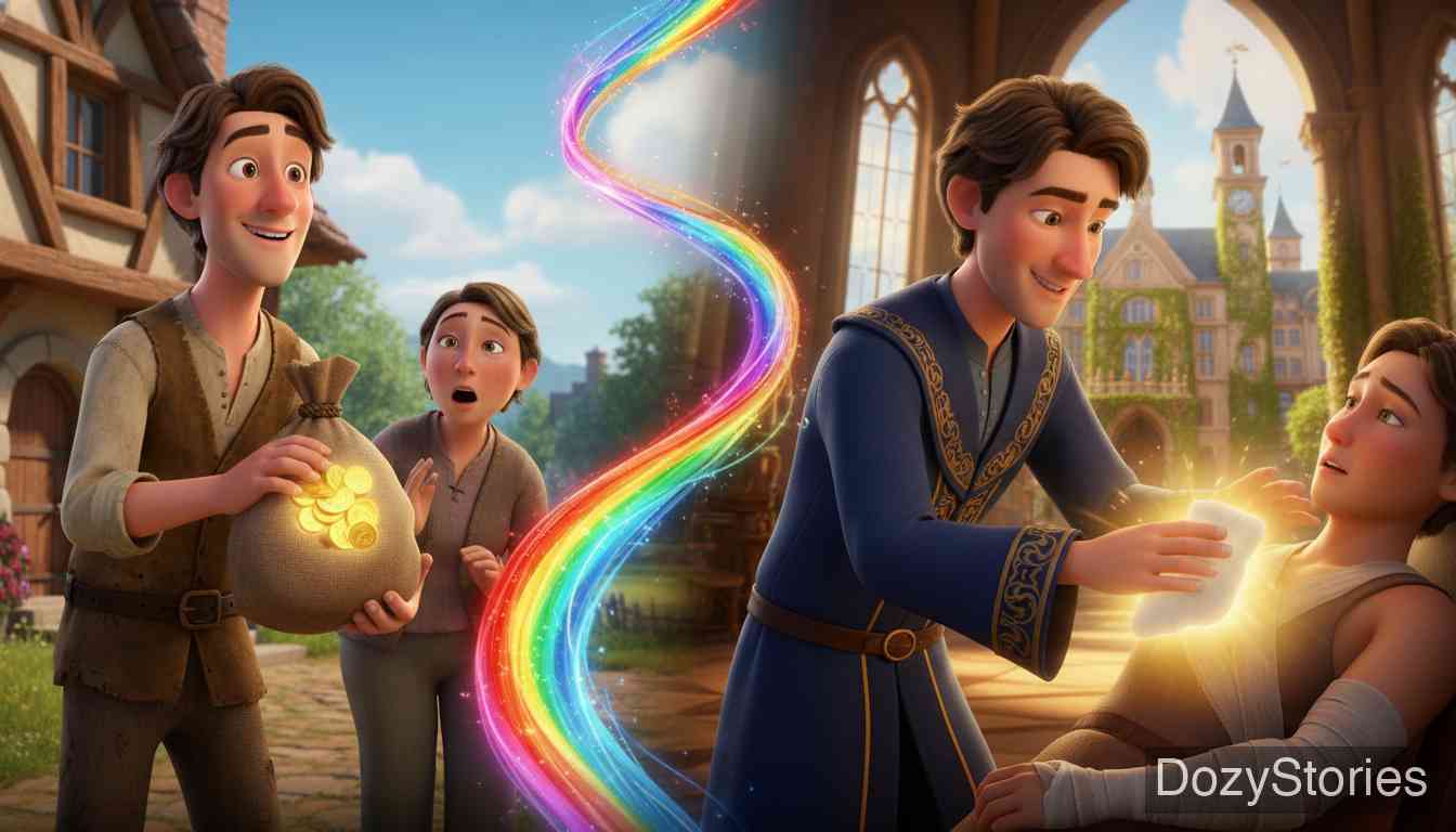 玻璃瓶中的妖怪 - 学生将变成银斧头的废铁卖给了金匠，换了三百塔勒。他慷慨地赔偿了邻居，给了父亲富足的生活，并用剩余的钱继续学业，最终凭借神布成为了世界闻名的名医。 - 场景插画 5