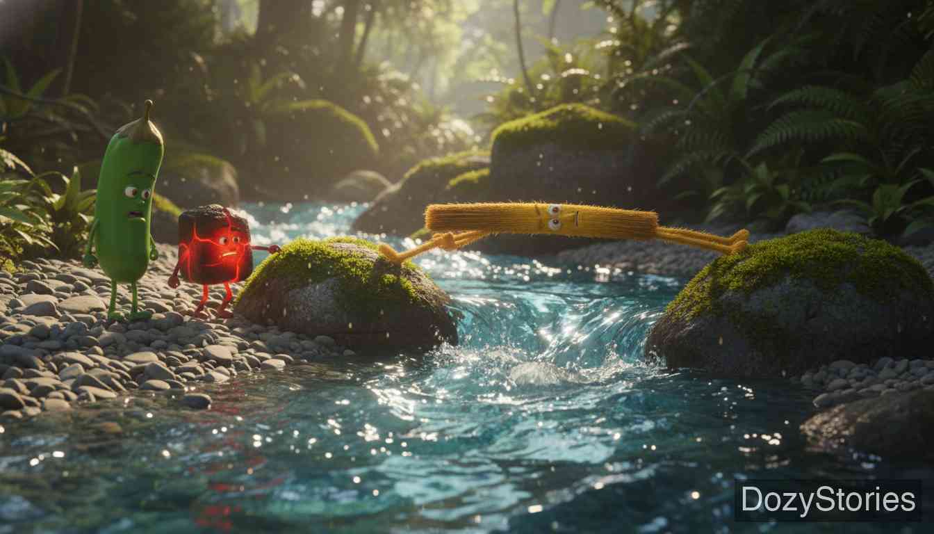 稻草、煤炭和豆子 - 它们来到一条小溪边，没有桥梁过河。稻草提议把自己横跨在两岸，充当临时的桥。 - 场景插画 3