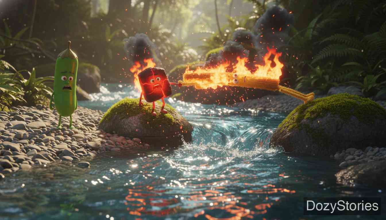 稻草、煤炭和豆子 - 性急的煤炭走到稻草桥中间时感到害怕，停滞不前，结果点燃了稻草。两者落入水中，煤炭熄灭身亡。 - 场景插画 4