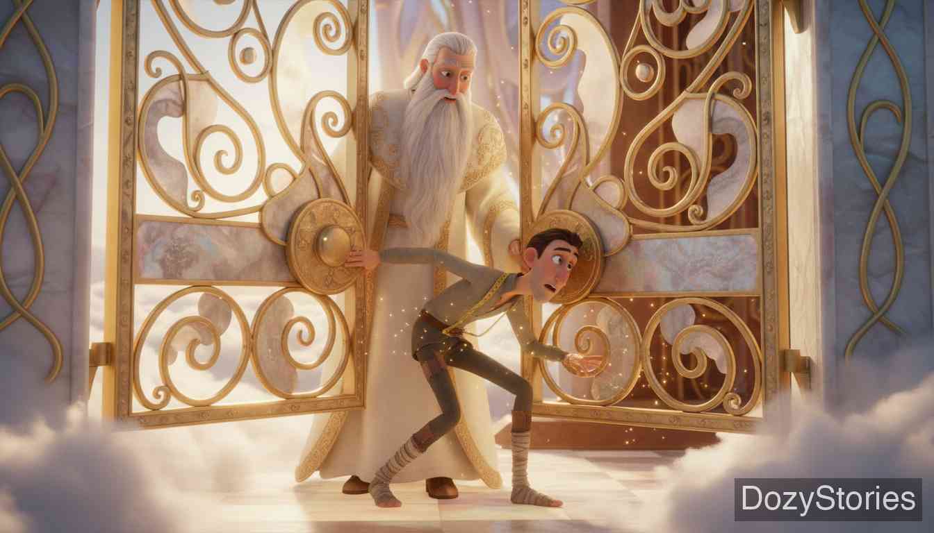 天堂里的裁缝 - 裁缝苦苦哀求，圣彼得心生怜悯，让他躲在门后。 - 场景插画 2