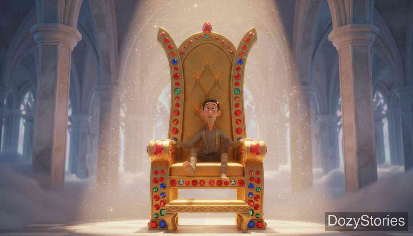 The Tailor in Heaven - The tailor wanders around heaven and finally sits on God's golden throne. - Scene Illustration 3