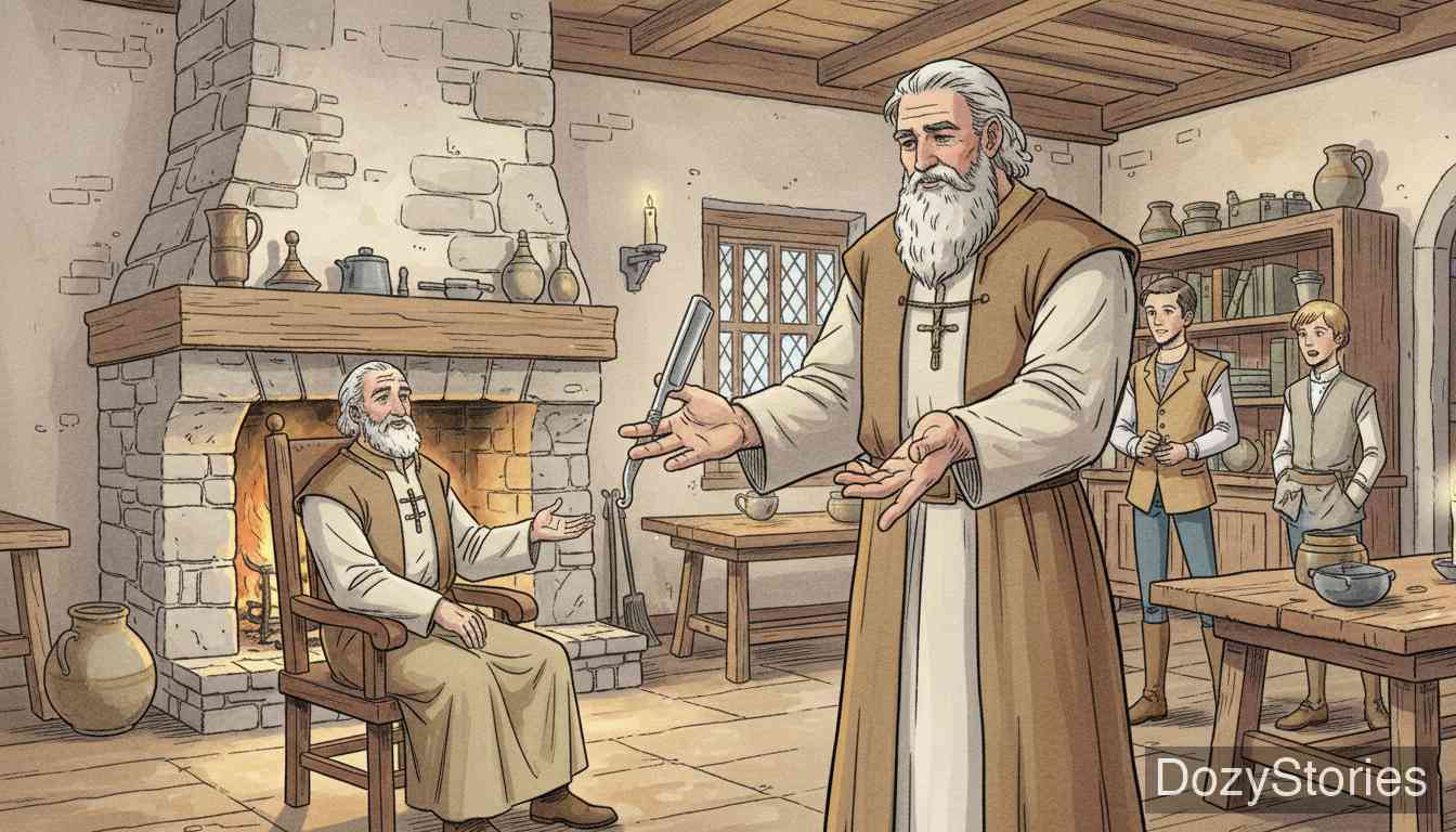 The Three Brothers - The three brothers master their trades under skilled teachers. The blacksmith shoes the King's horses, the barber serves noblemen, and the fencer endures hardships to master his craft. They return to their father at the appointed time, discussing how best to prove their skills. - Scene Illustration 2