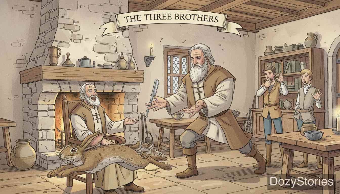 The Three Brothers - As they consult, a hare runs by. The barber seizes the opportunity, soaping and shaving the running hare's whiskers at full speed without cutting its skin, impressing their father greatly. - Scene Illustration 3
