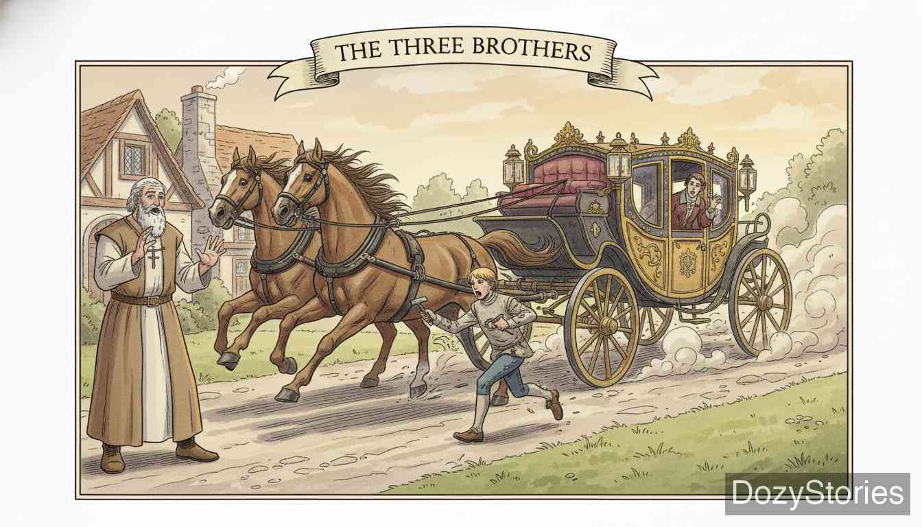 The Three Brothers - Shortly after, a carriage dashes by. The blacksmith chases it and replaces the horseshoes on a galloping horse without stopping it. The father is amazed and unsure who should win. - Scene Illustration 4