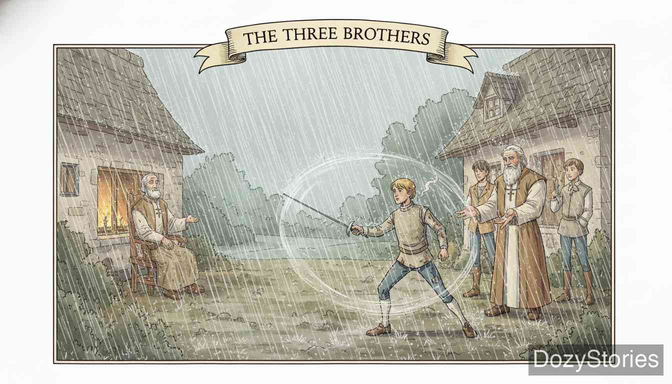 The Three Brothers - It begins to rain heavily. The fencing master swings his sword so fast that he creates a dry shield around himself, keeping completely dry. He wins the house, but the brothers choose to live there together happily until the end of their days. - Scene Illustration 5