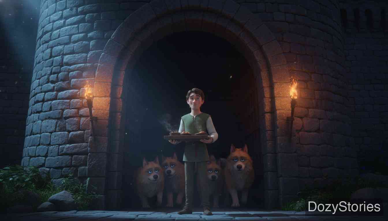 三种语言 - 年轻人来到一座城堡，并无所畏惧地进入了关满凶猛野狗的高塔过夜。 - 场景插画 2