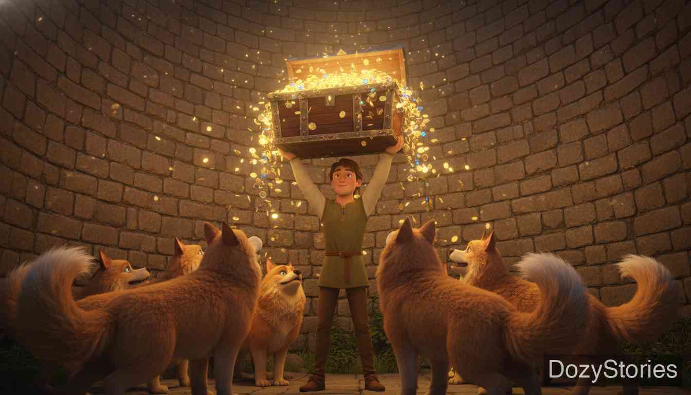 三种语言 - 青年听懂了狗的秘密，取出了地下的财宝，解救了当地的人们并被领主收养。 - 场景插画 3