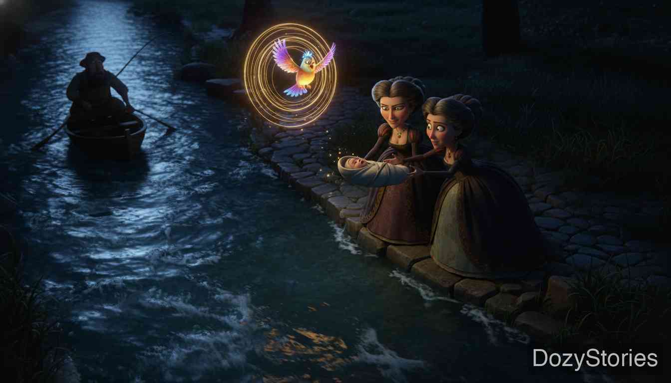 三只小鸟 - 国王迎娶了一位美丽的牧牛姑娘,但这引起了她两个妹妹的嫉妒。当王后生下孩子时,恶毒的姨妈们将婴儿扔进深水中,并谎称王后生下了动物,导致无辜的王后被囚禁。 - 场景插画 1