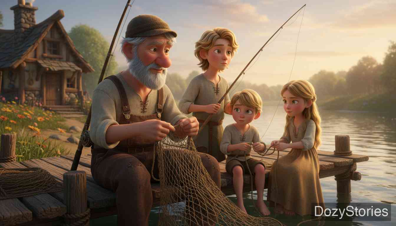 The Three Little Birds - The children grow up under the fisherman's care. Upon learning his origins, the eldest son sets out to find his father but gets stuck at a great body of water. The second son follows to find his brother and meets the same fate. - Scene Illustration 2