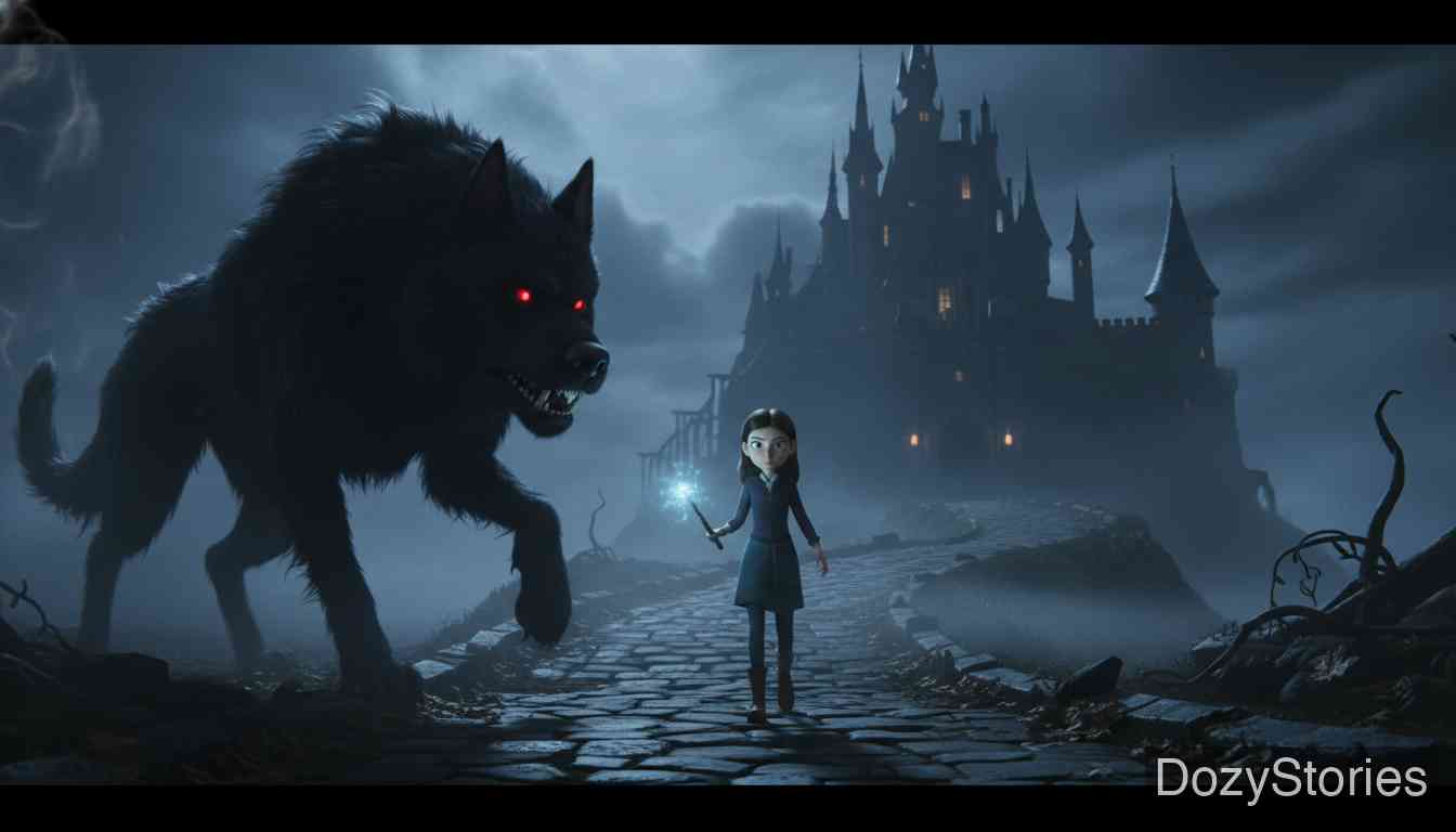 The Three Little Birds - The youngest daughter embarks on the journey, earning magical guidance through kindness to the old woman. She bravely passes a black dog, enters a mysterious castle to retrieve a bird and water, saves her brothers, and transforms the dog into a prince. - Scene Illustration 3