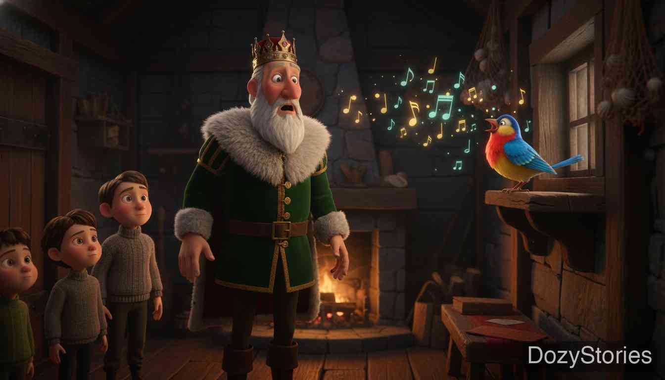 三只小鸟 - 二儿子在打猎吹笛时偶遇国王。国王跟随少年回到渔夫的小屋,墙上的小鸟唱出了事情的真相,揭示了这三个孩子正是国王的亲生骨肉。 - 场景插画 4