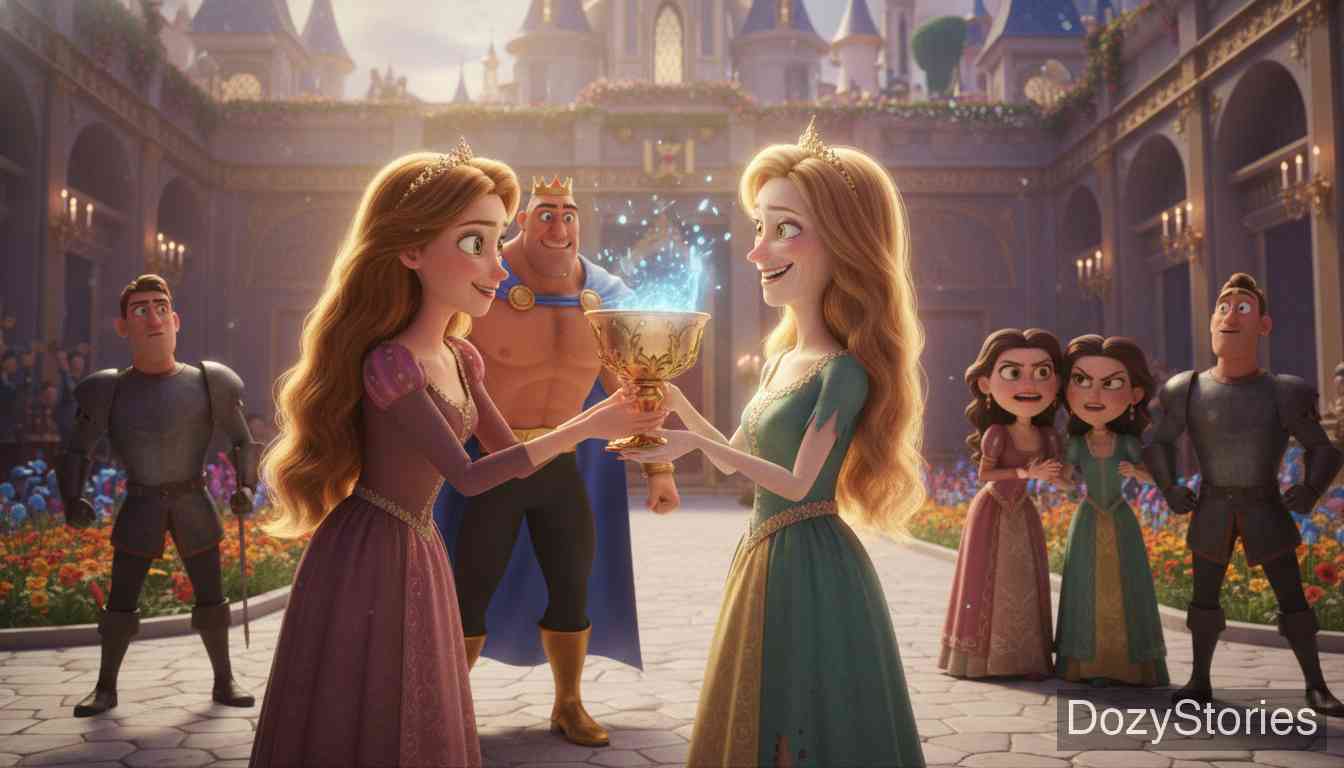 The Three Little Birds - With the truth revealed, the King releases the frail Queen. The daughter heals her mother with the water from the fountain. The wicked sisters are burnt, and the daughter marries the prince, leading to a happy ending. - Scene Illustration 5