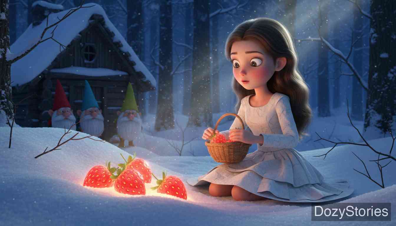 The Three Little Men in the Wood - The kind girl is forced to seek strawberries in winter wearing paper clothes; she treats three little men well and receives gold and blessings. - Scene Illustration 2