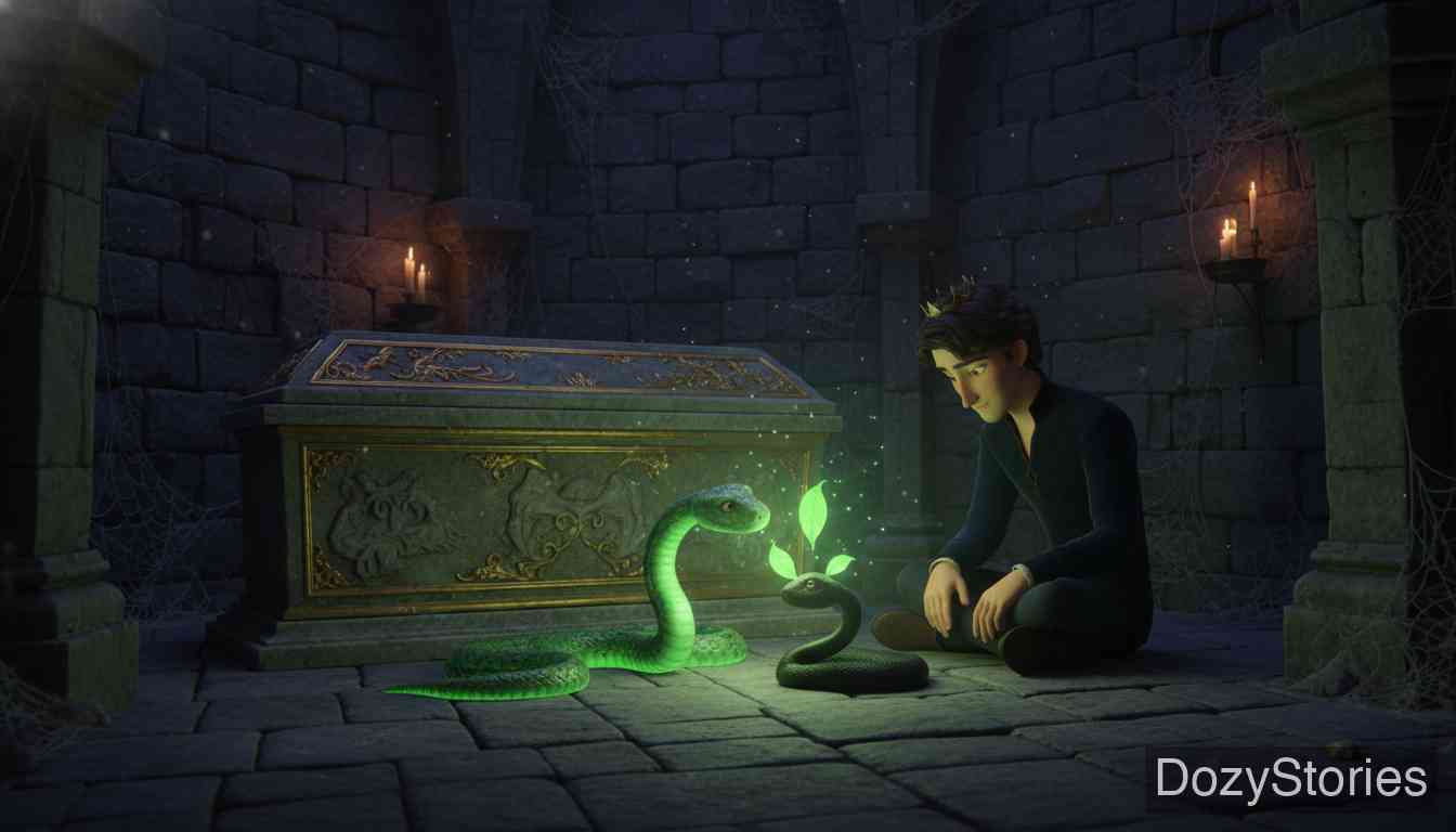 The Three Snake-Leaves - The Queen dies, and the young King is shut in her vault. While awaiting death, he sees a snake revive another snake using three magical leaves. - Scene Illustration 2