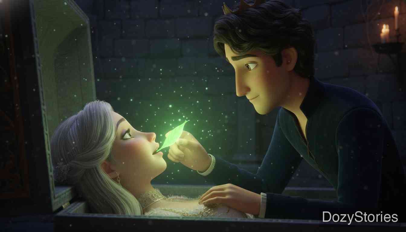 三片蛇叶 - 国王用蛇叶神奇地复活了妻子,两人获救出墓穴。但他察觉妻子有变,便将蛇叶交给忠仆保管。 - 场景插画 3