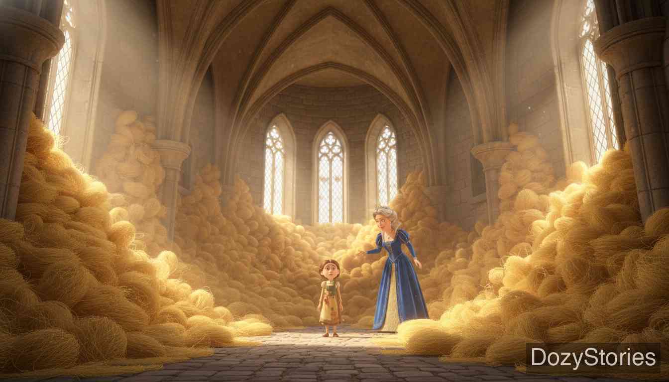 The Three Spinners - The Queen shows the girl rooms full of flax and promises her the Prince's hand in marriage if she spins it all, leaving the girl in despair. - Scene Illustration 2