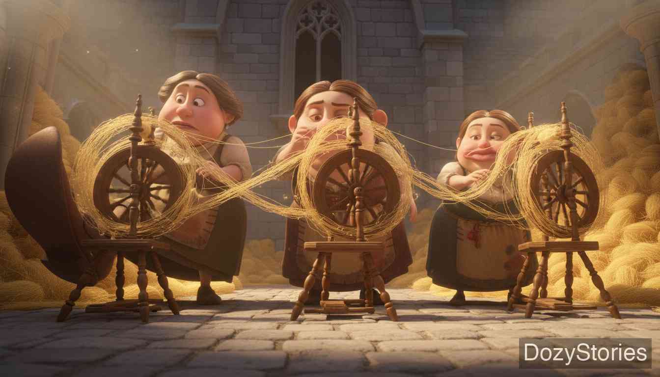 The Three Spinners - The three women spin the flax miraculously while hidden from the Queen, earning the girl endless praise for her supposed diligence. - Scene Illustration 4