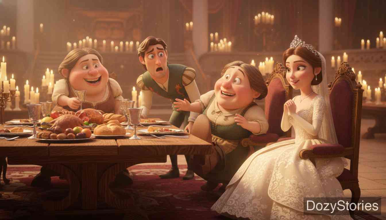 The Three Spinners - At the wedding, the bridegroom learns the 'cousins' deformities were caused by spinning, so he forbids his bride from ever spinning again. - Scene Illustration 5