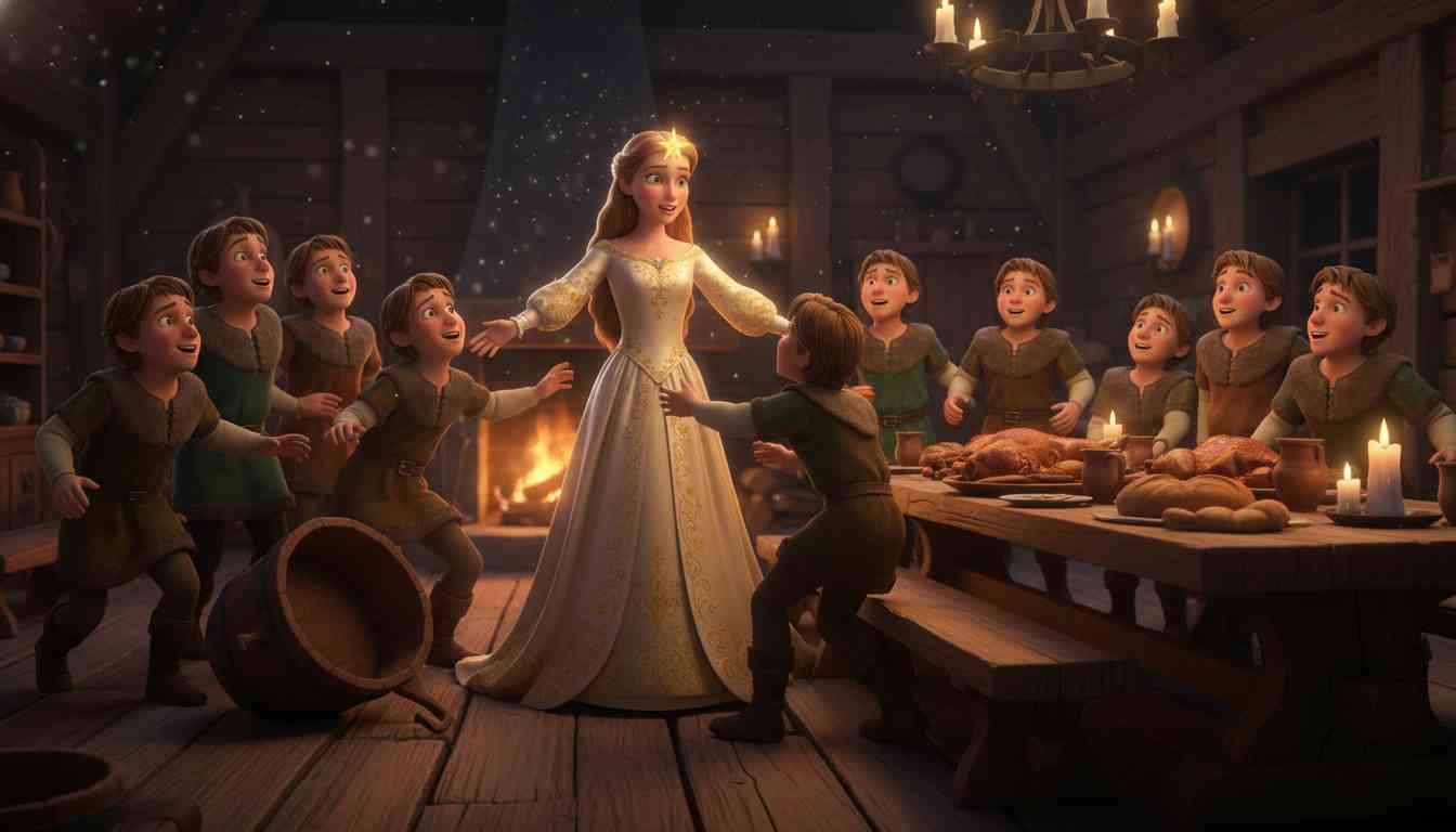 The Twelve Brothers - The sister, grown up with a golden star on her forehead, enters the forest with twelve shirts to find her brothers. With Benjamin's help, they overcome their vow of revenge and are joyfully reunited. - Scene Illustration 2