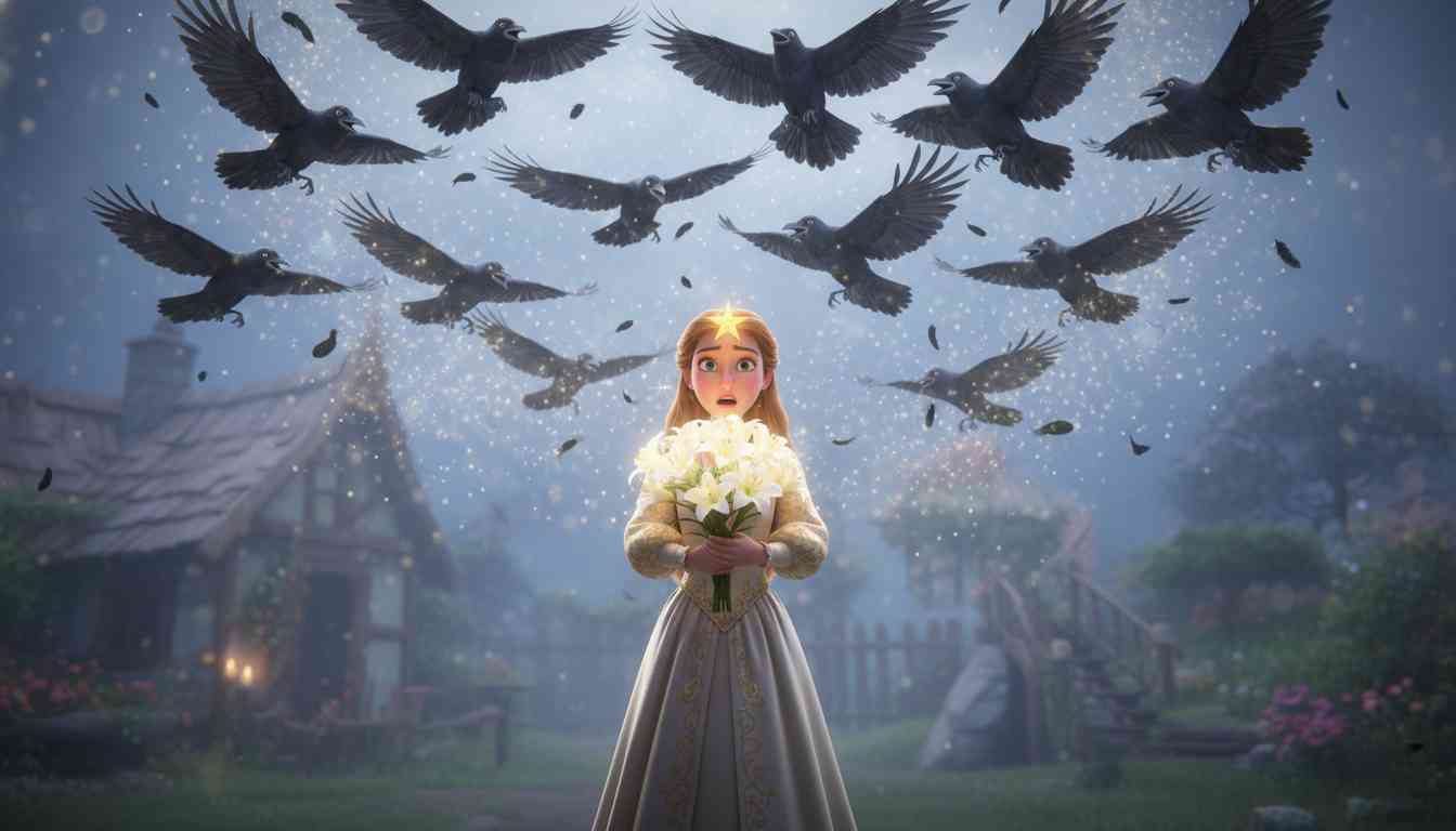 十二兄弟 - 妹妹与哥哥们过着幸福的生活，直到她无意中摘下了花园里的十二朵百合花。哥哥们瞬间变成了乌鸦飞走，小屋消失，一位老妇人告诉她解救之法。 - 场景插画 3