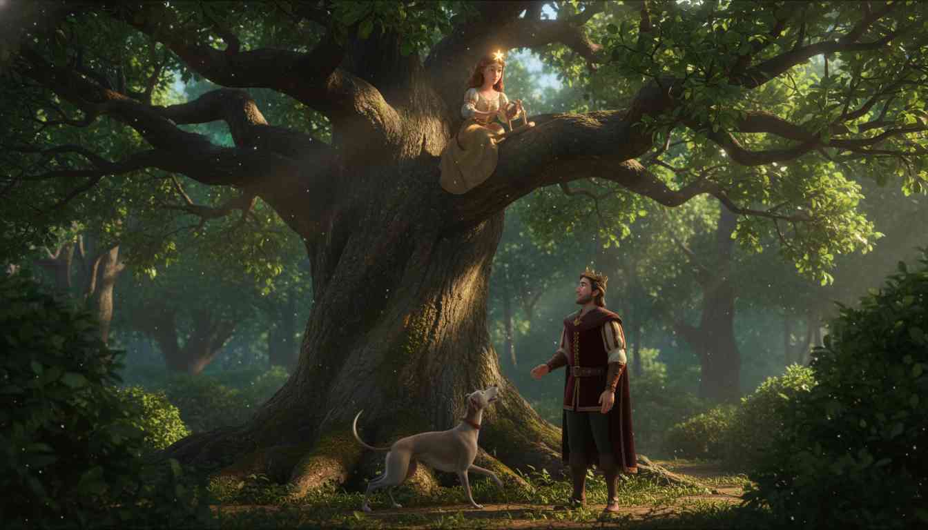 The Twelve Brothers - To save her brothers, she sits in a tree spinning, silent for seven years. A King finds and marries her, but his wicked mother slanders her silence, eventually persuading the King to sentence her to death. - Scene Illustration 4
