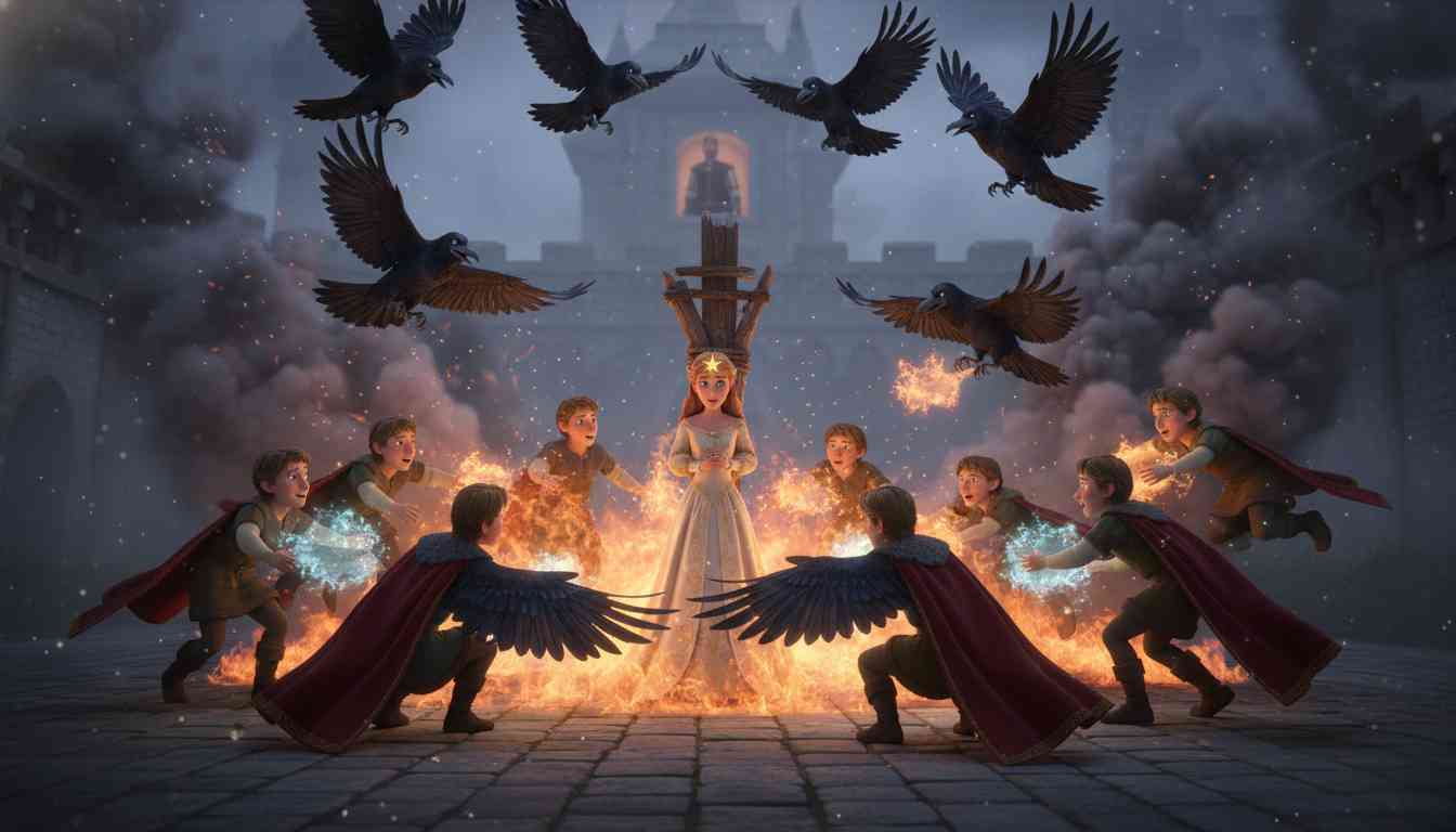 The Twelve Brothers - At the stake, the seven years end just in time. The twelve ravens arrive, regain their human forms, and extinguish the fire. The truth is revealed, the wicked are punished, and they live happily ever after. - Scene Illustration 5