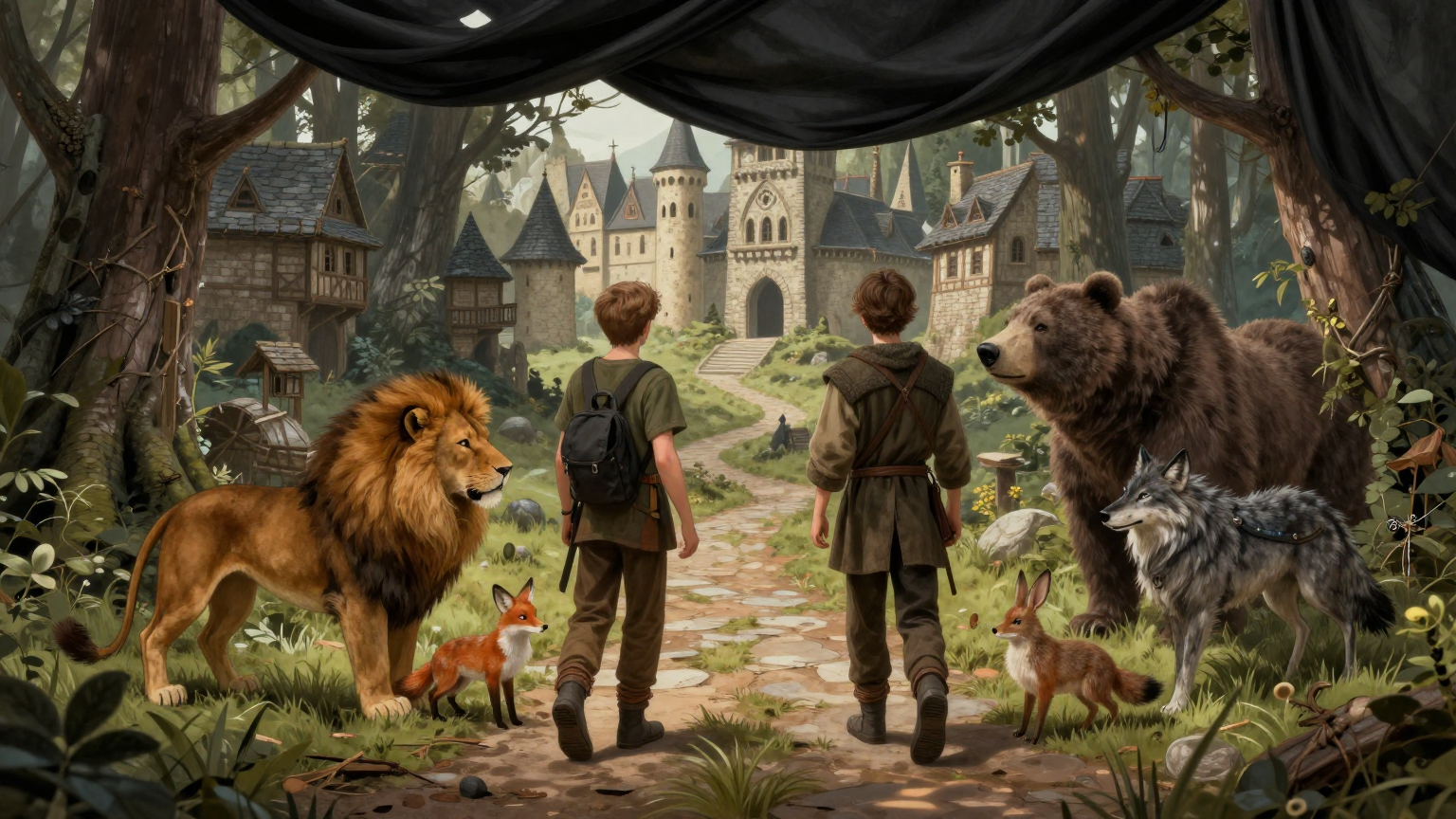 The Two Brothers - The brothers befriend animal companions and part ways; the younger arrives at a town draped in black - Scene Illustration 3