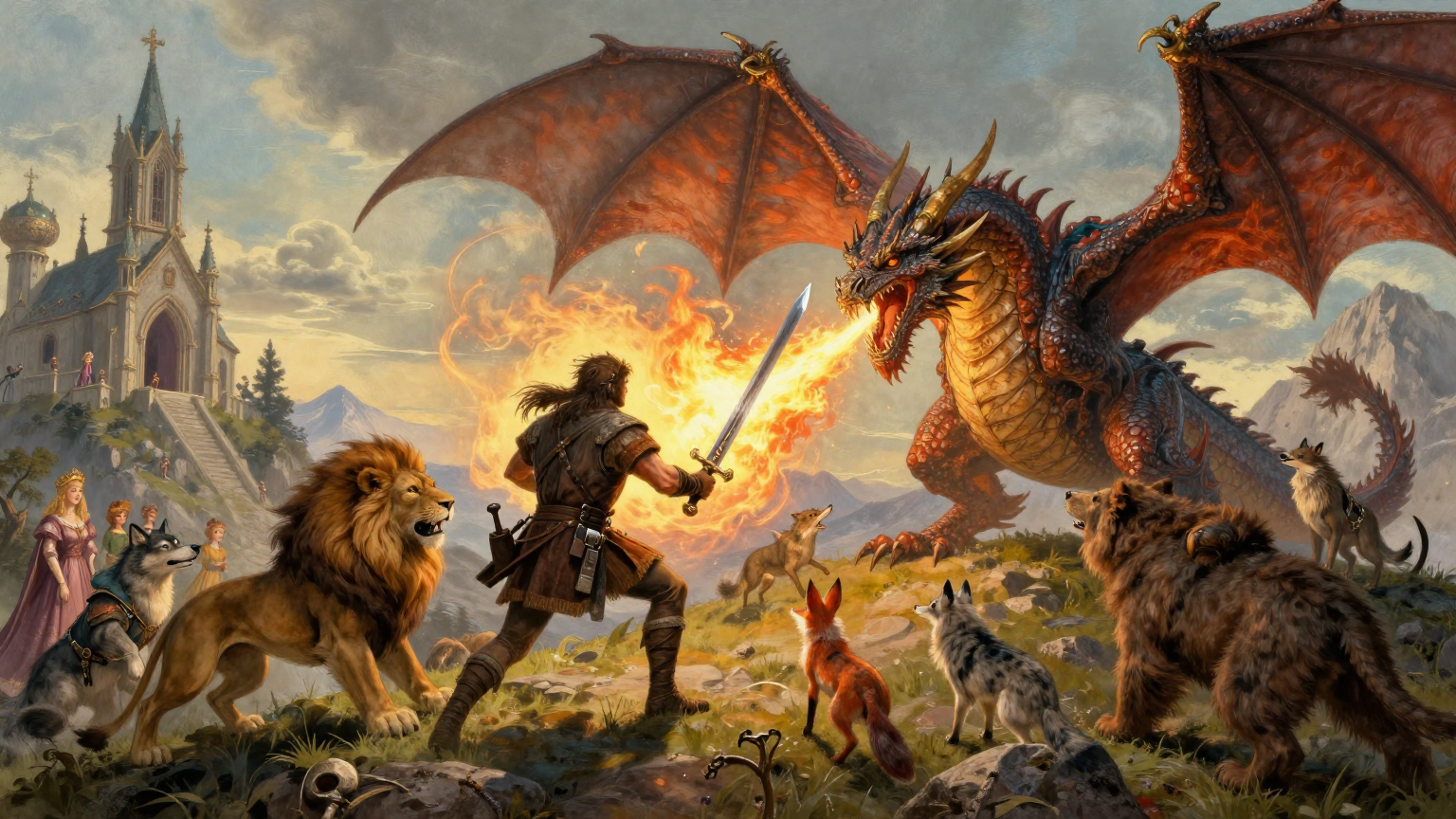 两兄弟 - 猎人斩杀七头龙，元帅背叛砍下他的头，动物们用神奇树根救活主人 - 场景插画 4