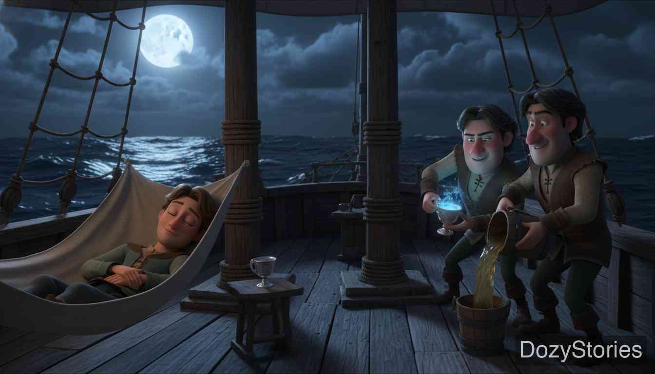 生命之水 - 小王子用取来的宝剑和面包拯救了三个国家。然而，获救的哥哥们却恩将仇报，趁他在船上熟睡时偷换了生命之水，不仅抢了功劳，还诬陷他试图毒害父亲。 - 场景插画 3