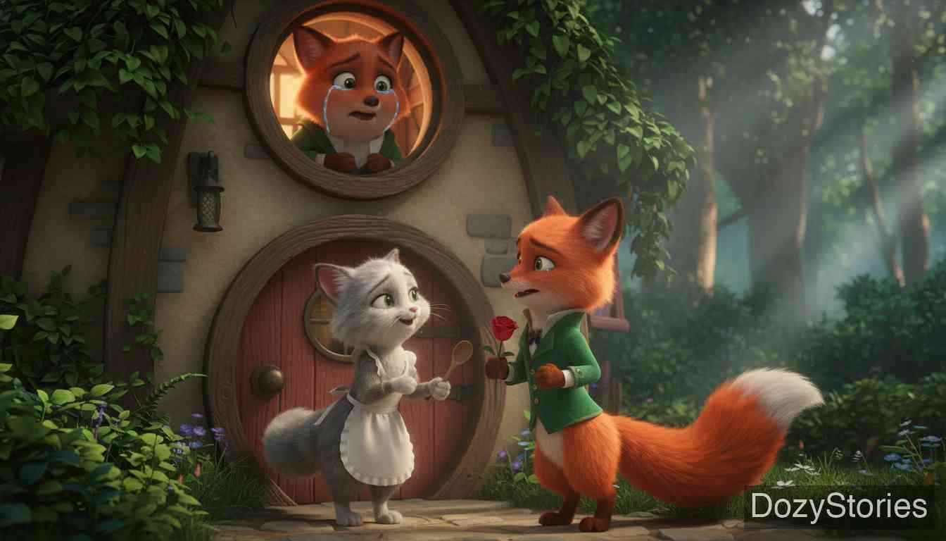 狐狸太太的婚礼 - 猫小姐接待了第一位求婚者，但狐狸太太坚持要找拥有九条尾巴的配偶。 - 场景插画 2