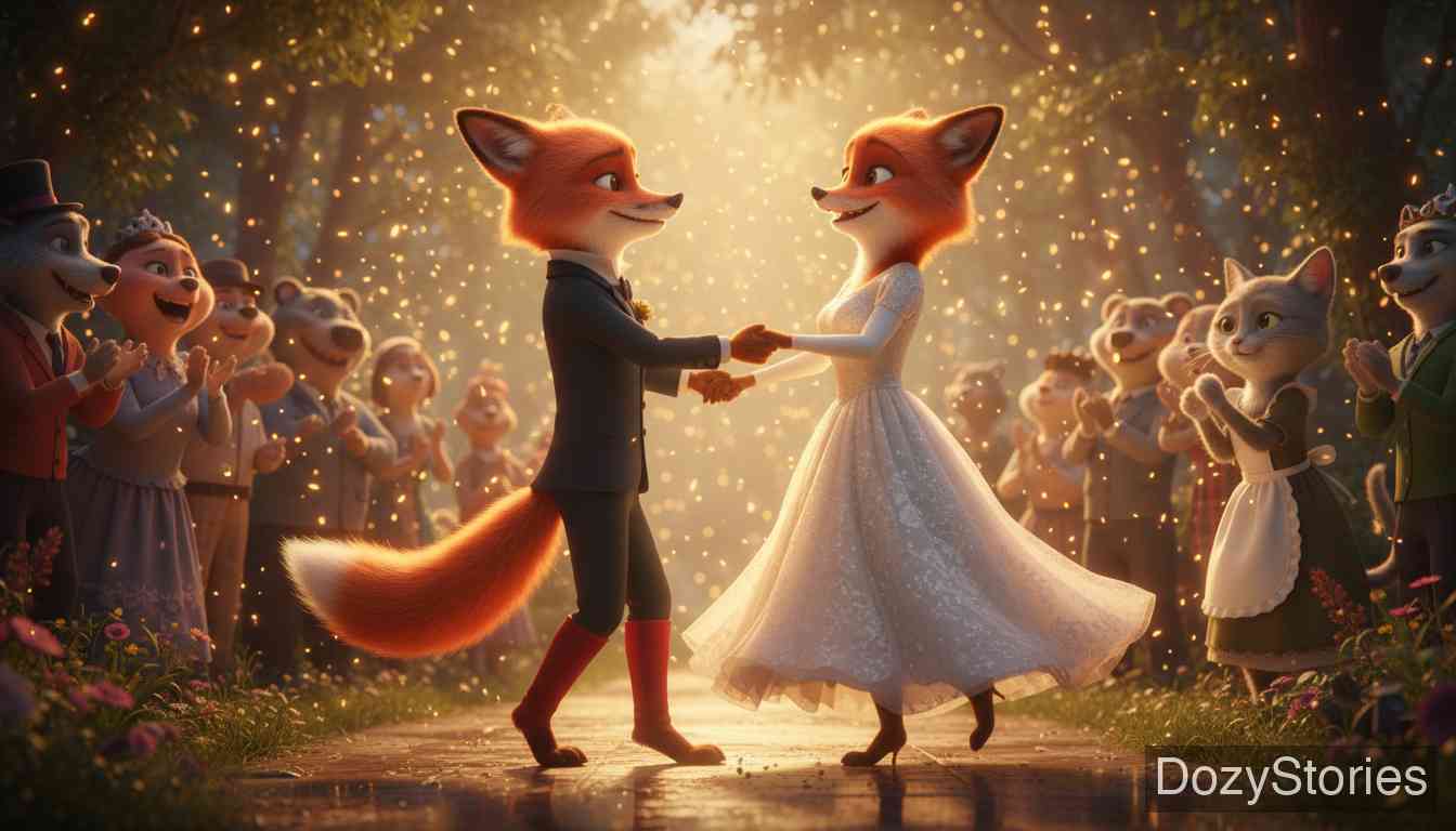 狐狸太太的婚礼 - 最后，一位穿着红袜子的年轻狐狸赢得了狐狸太太的心，两人举行了盛大的婚礼。 - 场景插画 5
