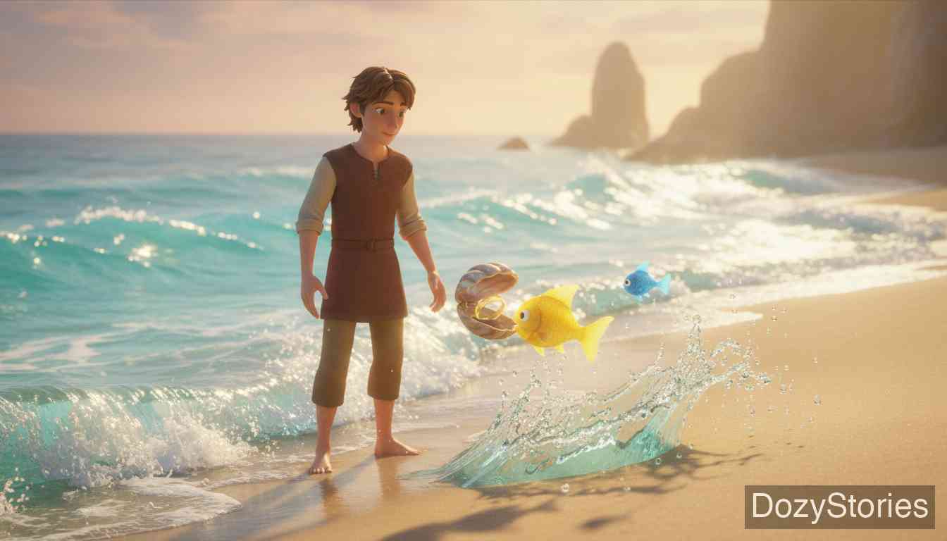 白蛇 - 年轻人来到一座城市求娶公主,国王要求他完成一项艰难的任务:从海底捞回金戒指。之前被救的三条鱼帮他找回了戒指。 - 场景插画 3