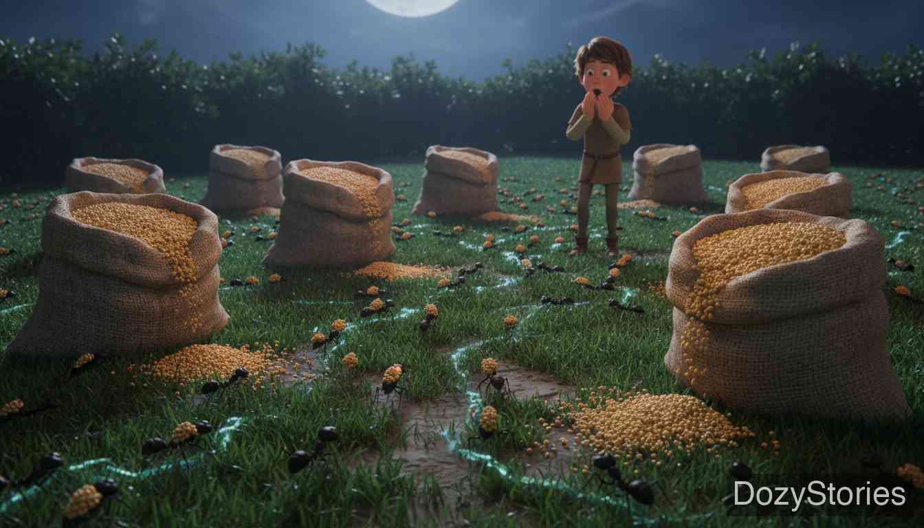 白蛇 - 骄傲的公主不愿嫁给他,又提出了第二项任务:一夜之间捡回十袋小米。蚂蚁王率领蚁群连夜帮他完成了这个不可能的任务。 - 场景插画 4