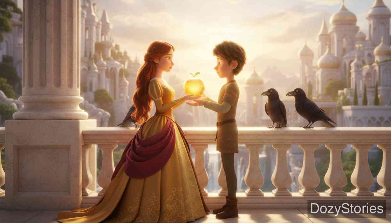 白蛇 - 公主提出最后的任务:带回生命之树的金苹果。乌鸦们飞遍天涯海角带回了苹果。两人分食苹果后终成眷属,幸福地度过了一生。 - 场景插画 5