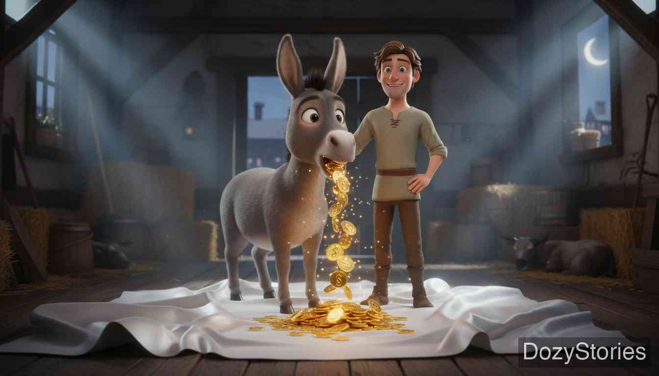 桌子、金驴和口袋里的棍子 - 二儿子带回能吐金币的驴子，却在同一家客栈被贪心的店主偷走。 - 场景插画 3