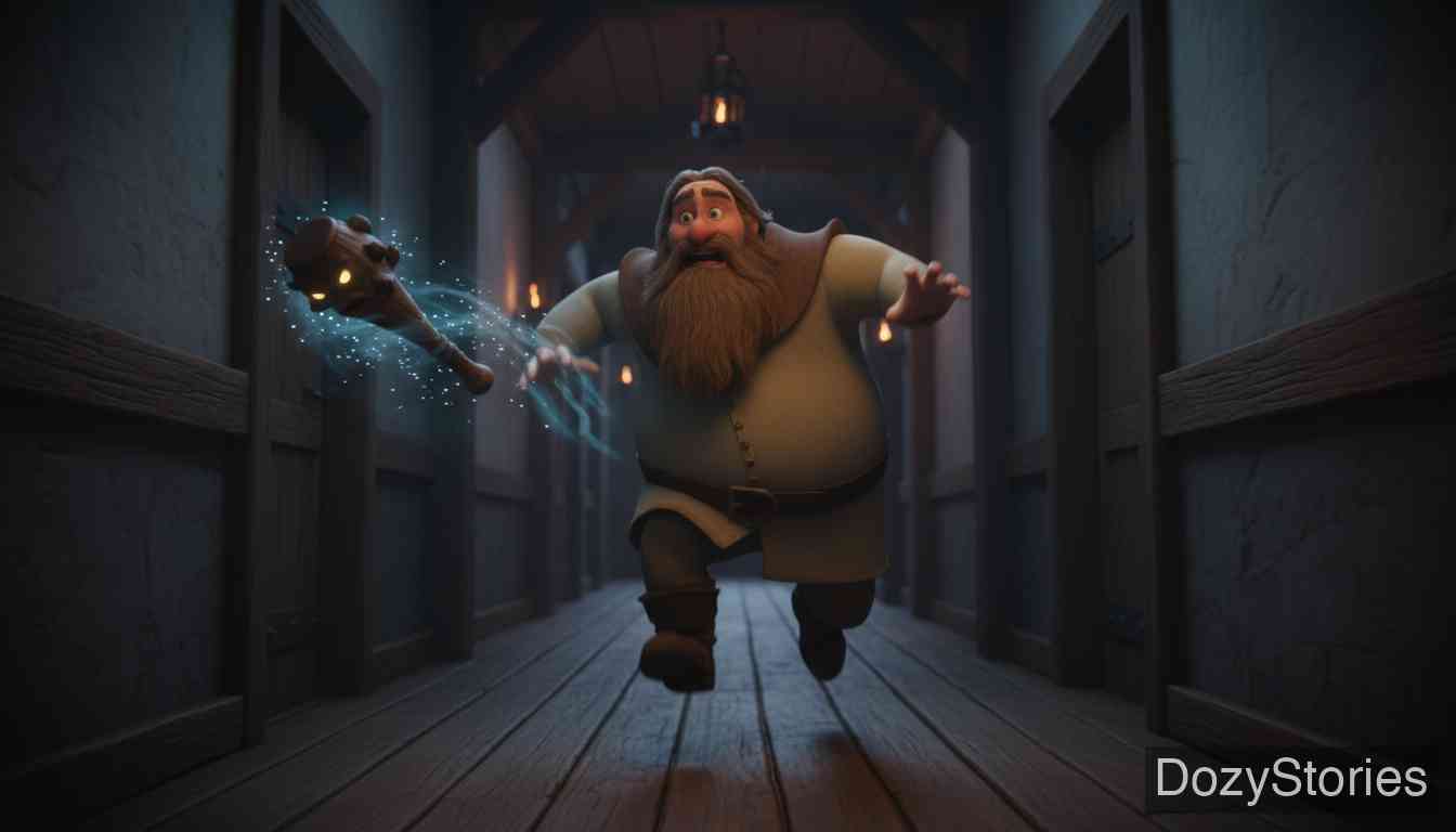 桌子、金驴和口袋里的棍子 - 三儿子带着神奇的木棍来到客栈，识破店主的计谋并夺回了失窃的宝物。 - 场景插画 4