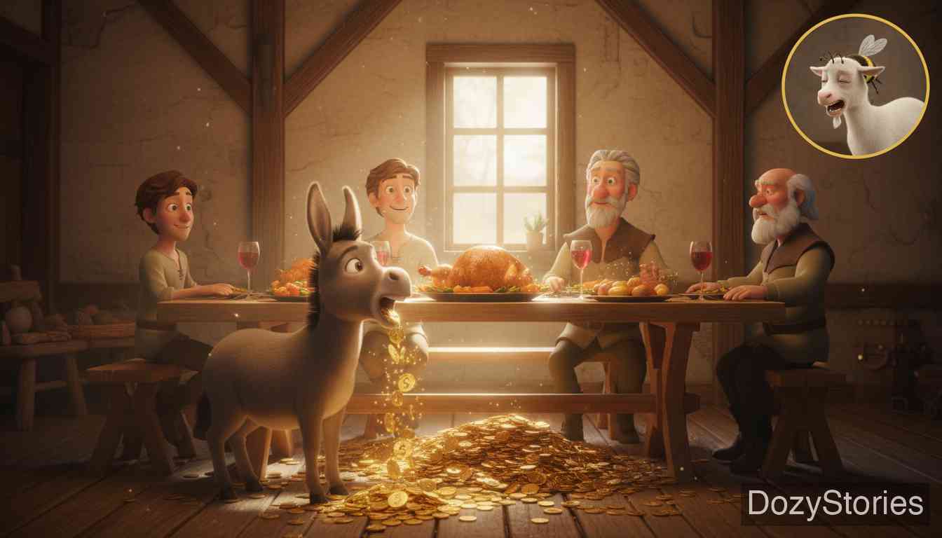 桌子、金驴和口袋里的棍子 - 三兄弟团聚，向父亲展示了真正的宝物，全家人从此过上幸福生活。 - 场景插画 5