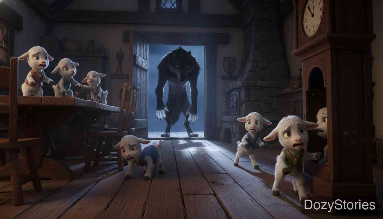 狼和七只小山羊 - 狼威胁磨坊主将爪子染白，第三次终于骗开了门。小羊们惊恐地四处躲藏，但除了藏在钟壳里的最小那只，其余六只全被狼吞进了肚子。狼吃饱后在树下睡着了。 - 场景插画 2