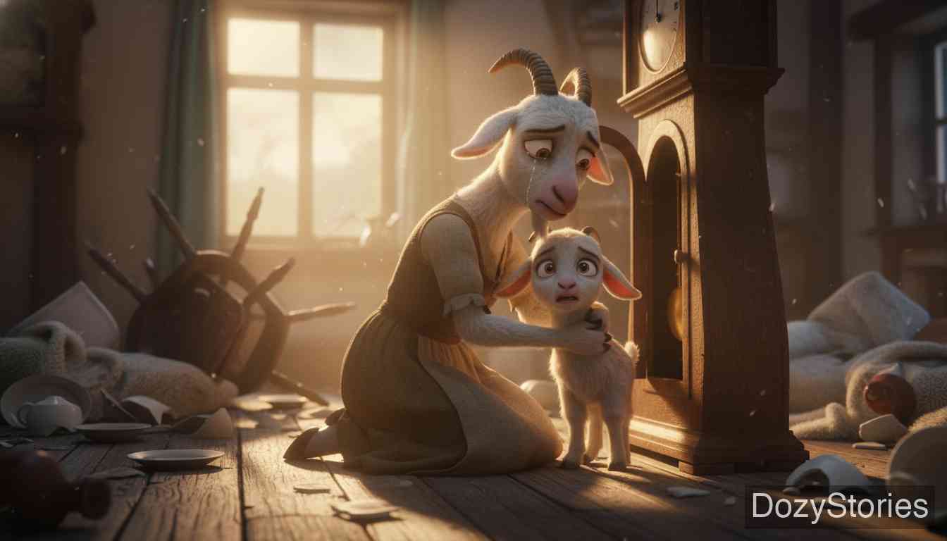 狼和七只小山羊 - 羊妈妈回到家，看到的却是一片狼藉。她在绝望中呼唤孩子们的名字，最后从钟壳里救出了最小的孩子，并得知了其他孩子被狼吃掉的噩耗，悲痛万分。 - 场景插画 3