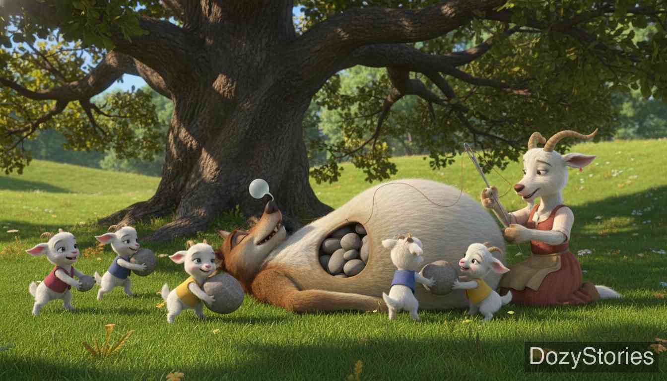 狼和七只小山羊 - 妈妈带着小羊在草地上发现了熟睡的狼，看见他肚子里有东西在动。她剪开狼的肚子，救出了六只活着的小羊，然后大家搬来石头填满狼肚并缝好。 - 场景插画 4