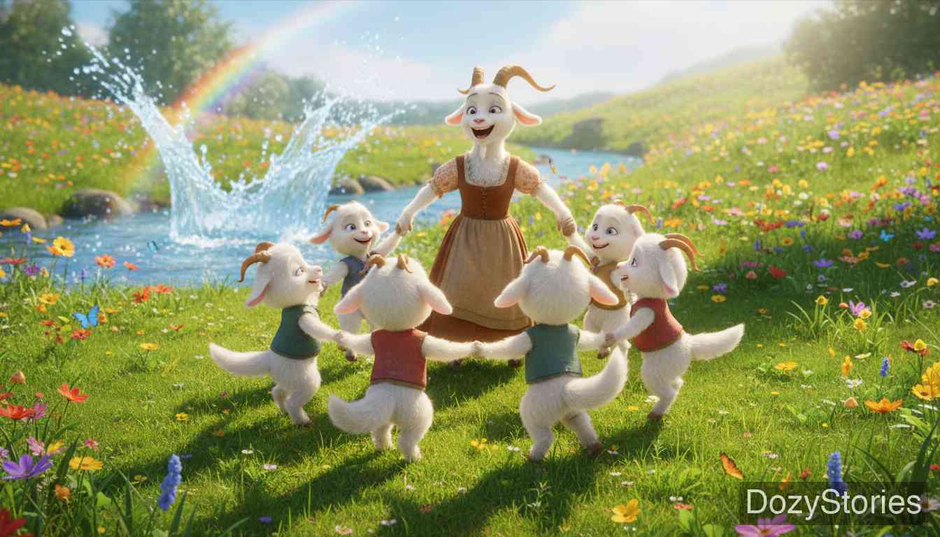 The Wolf and the Seven Little Kids - The wolf wakes up thirsty, the stones rattling inside him. He stoops to drink at the brook, but the weight pulls him in and he drowns. The goats celebrate by dancing around. - Scene Illustration 5