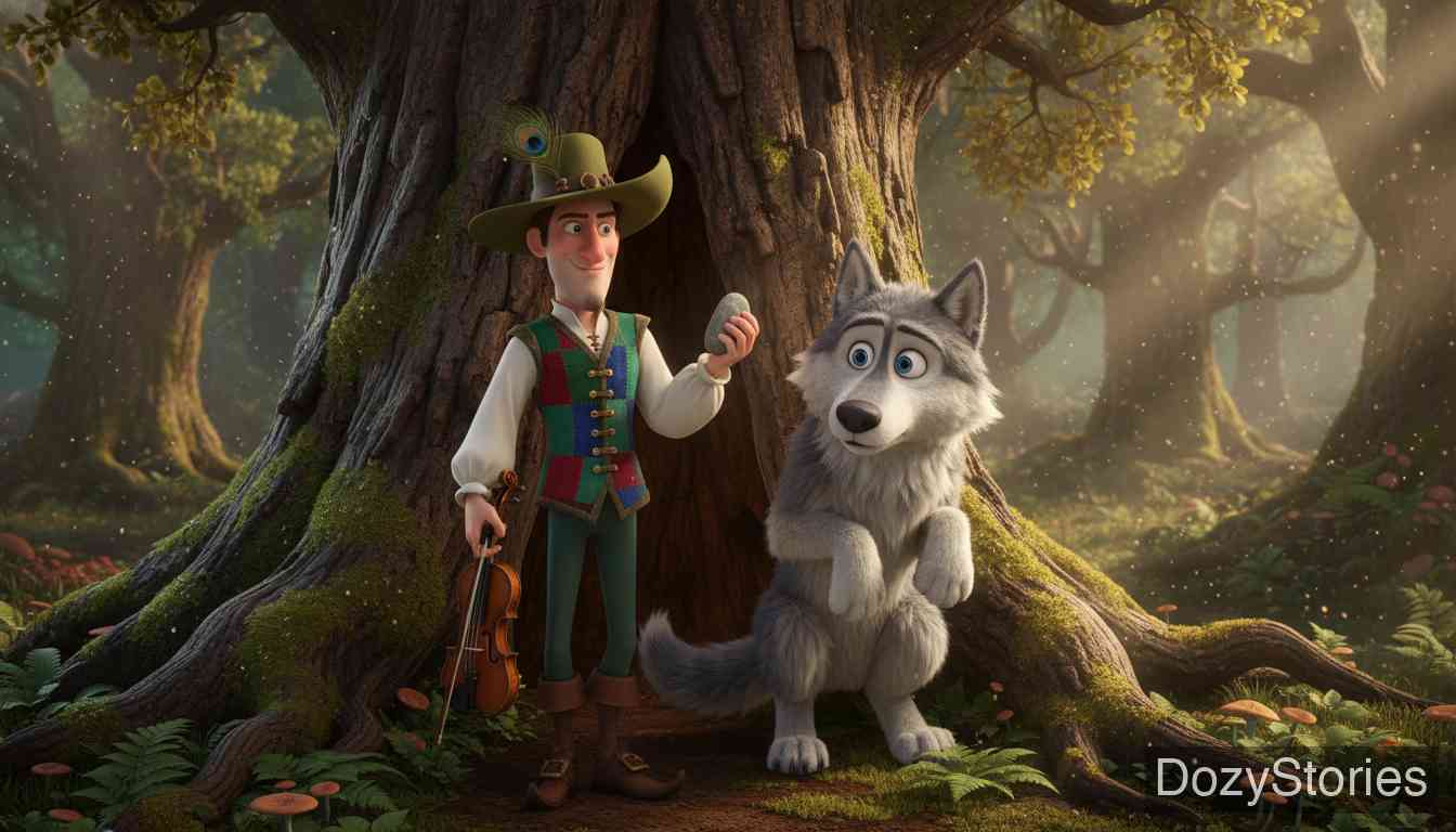 奇怪的音乐家 - 一位孤独的音乐家在森林里拉小提琴以排解寂寞。一只狼被琴声吸引而来想学琴,却被音乐家诱骗,前爪被石头楔进了一棵老橡树的裂缝里动弹不得。 - 场景插画 1