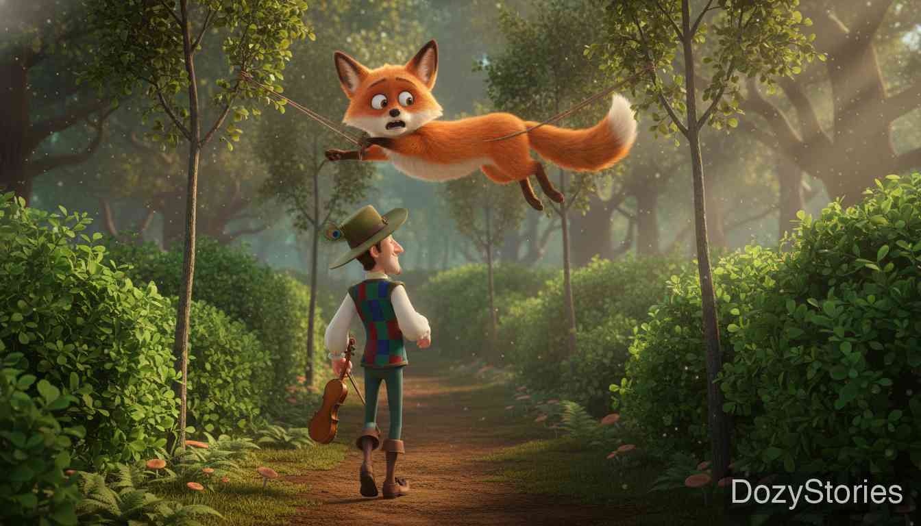 奇怪的音乐家 - 音乐家再次感到无聊并拉琴,引来了一只狐狸。他用同样的方法欺骗狐狸,将狐狸的四肢分别绑在两棵压弯的榛树枝上,然后松开树枝,将狐狸悬吊在半空中。 - 场景插画 2