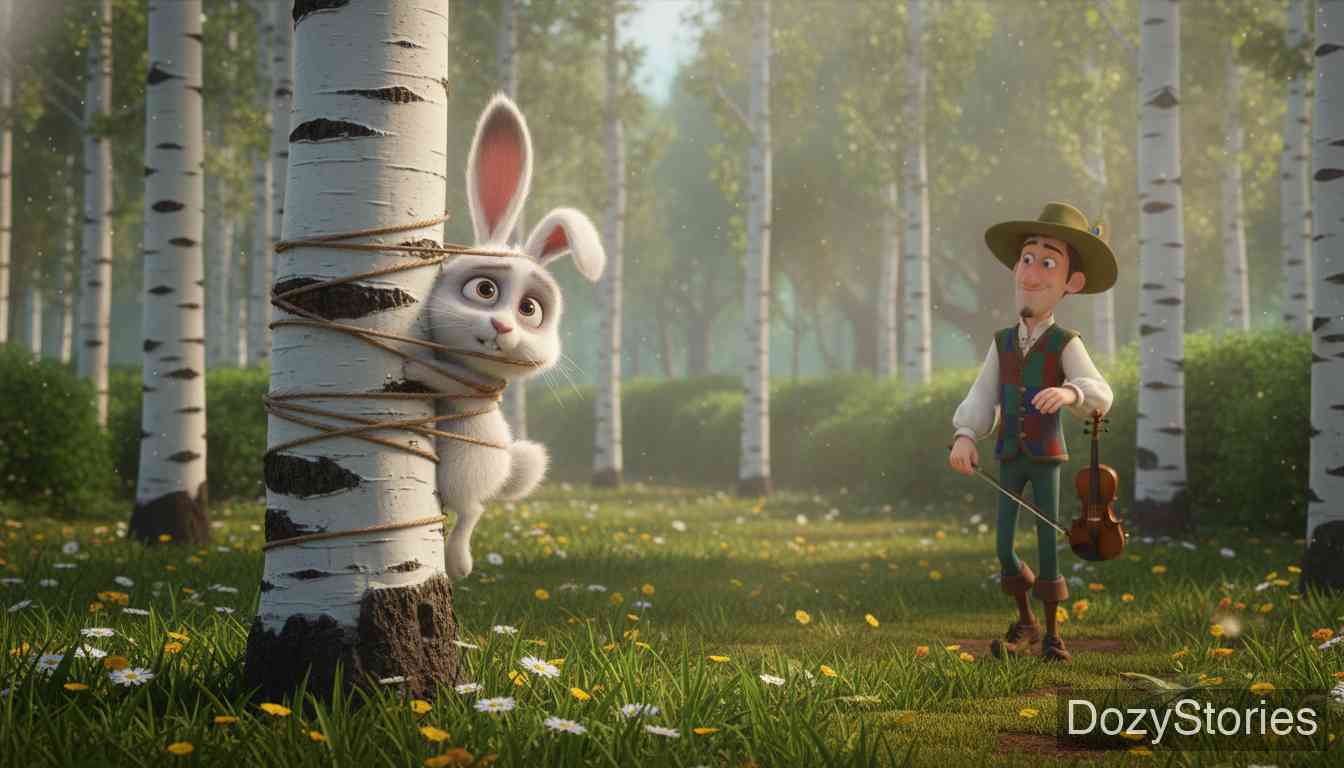 奇怪的音乐家 - 一只野兔被琴声吸引而来。音乐家在它的脖子上系了一根长绳,另一头拴在杨树上,骗它绕着树跑二十圈,最终野兔被绳子紧紧勒在树干上无法动弹。 - 场景插画 3