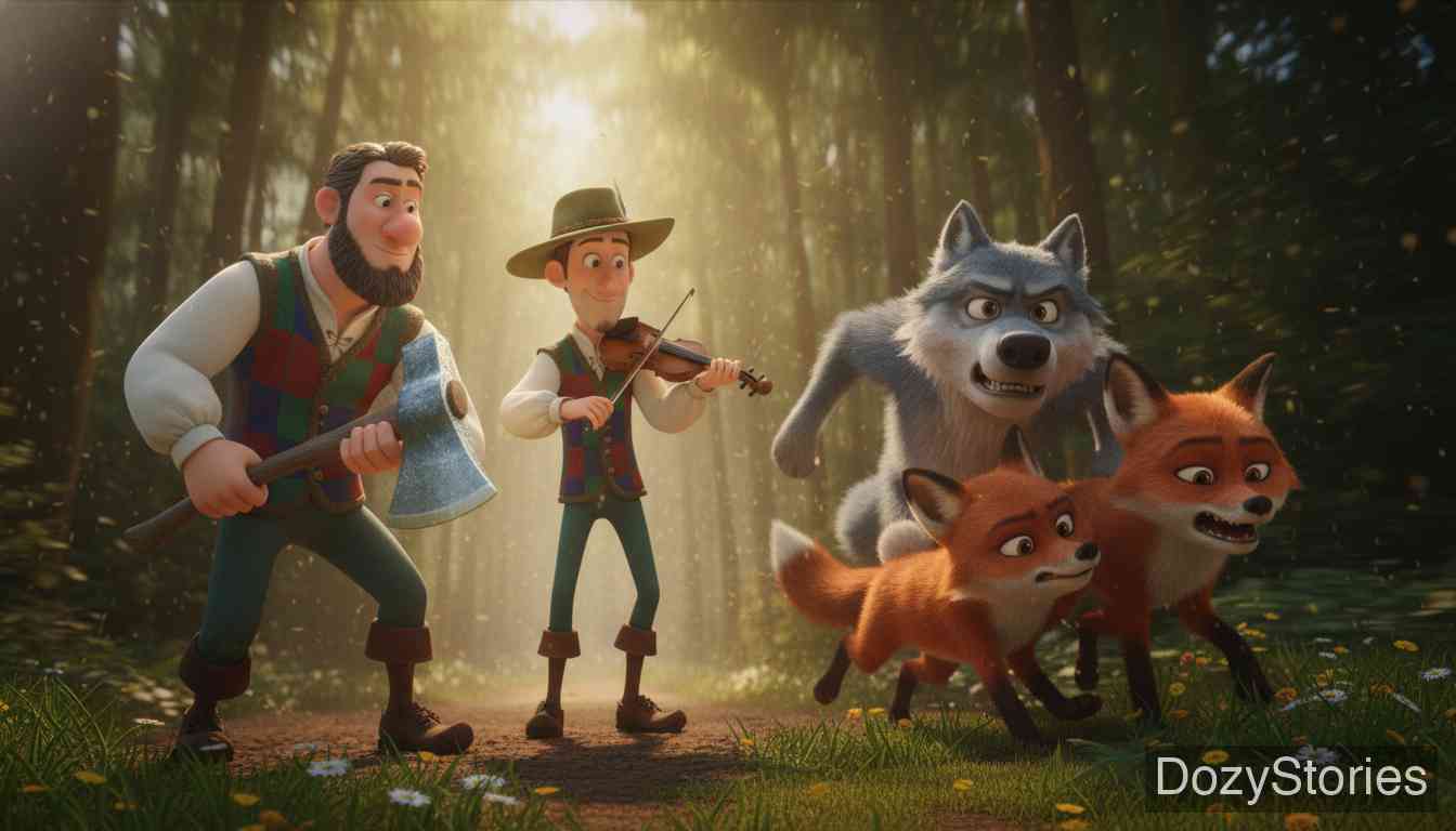 奇怪的音乐家 - 一位贫穷的樵夫被优美的琴声吸引,成了音乐家真正期待的人类伙伴。当三只野兽赶来攻击时,樵夫举起斧头保护了音乐家,吓退了野兽。 - 场景插画 5